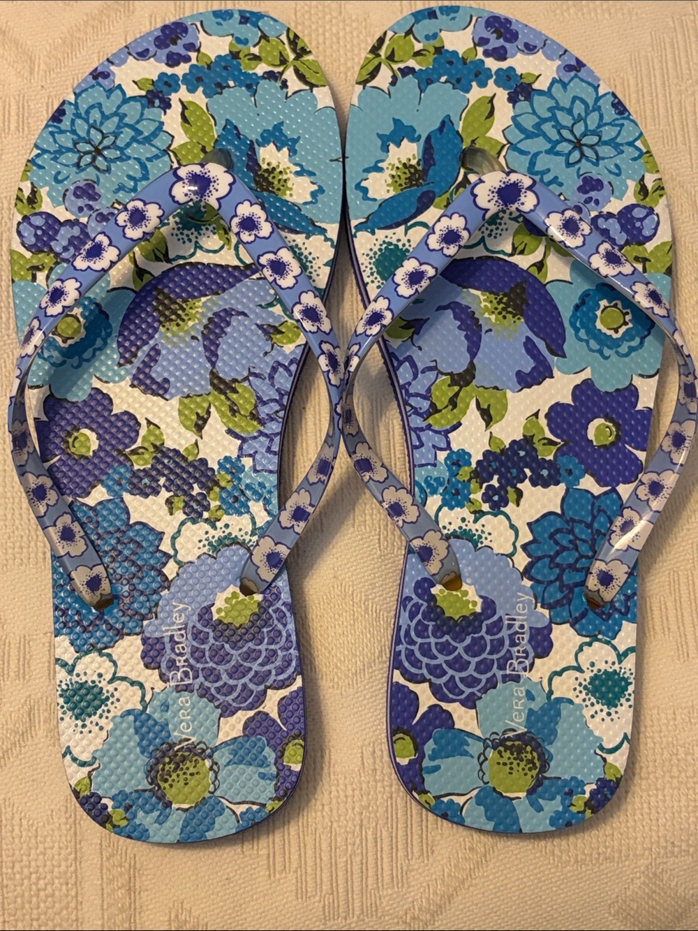 Vera Bradley Blue Floral Flip Flops with Green Accents
